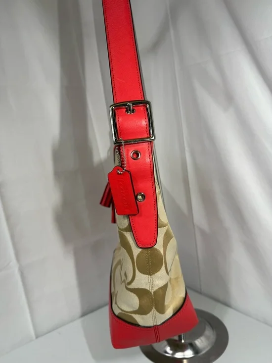 Coach Signature Canvas Red Leather Trim Large Shoulder Bag Hobo Tassel - Picture 7 of 16